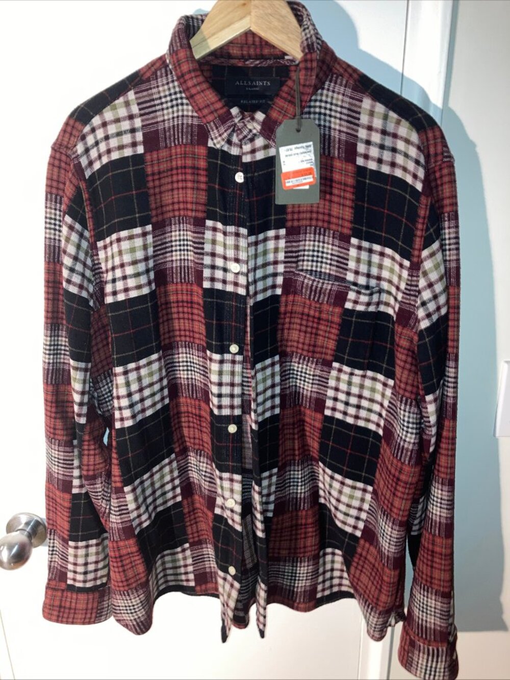 AllSaints Hopton Flannel Shirt Men's XL Red Black Plaid Relaxed Fit NWT